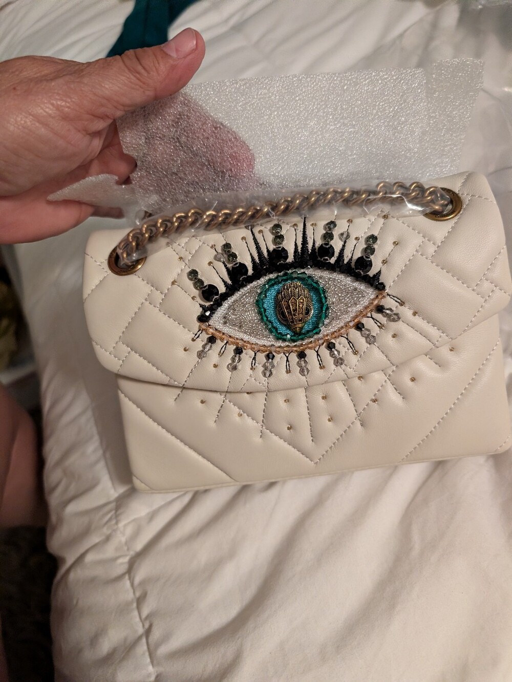Kurt Geiger White Quilted Shoulder Bag with Embroidered Eye - Picture 2 of 8